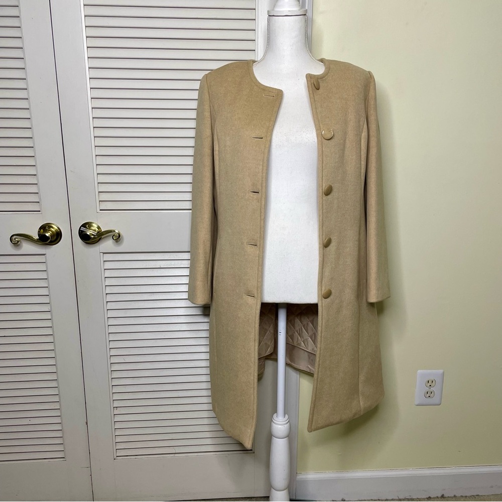 St. John Women Tan Camel Melange Angora Wool Cashmere long Coat Jacket Size 4